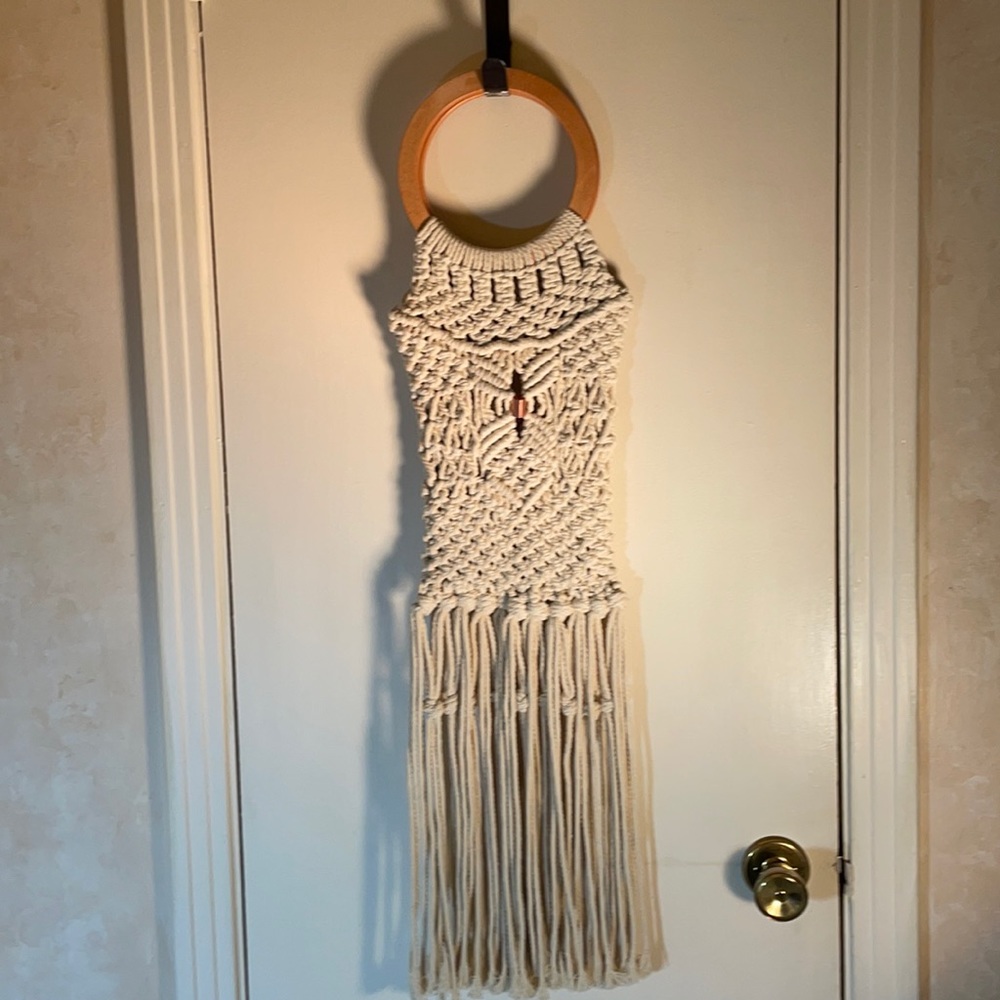 Macrame Purse White Wooden Handles are 8” and bag is 9” x 28”